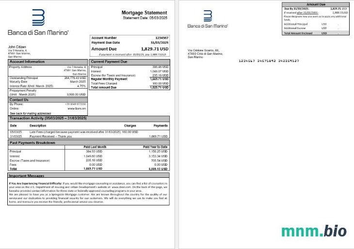 San Marino Banca di San Marino wyciąg z kredytu hipotecznego w formatach Word i PDF